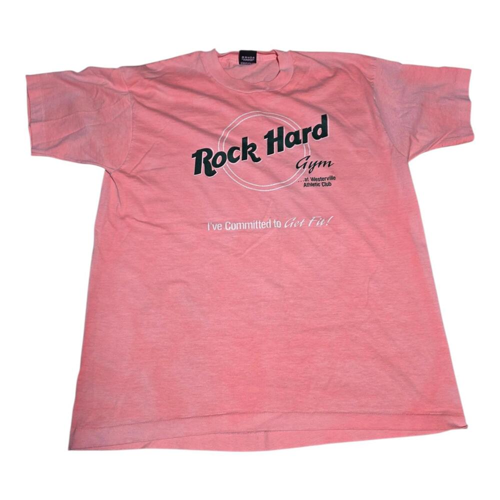 Vtg Screen Stars Rock Hard Gym Westerville Club Shirt XL Pink Made in USA Tee VR
